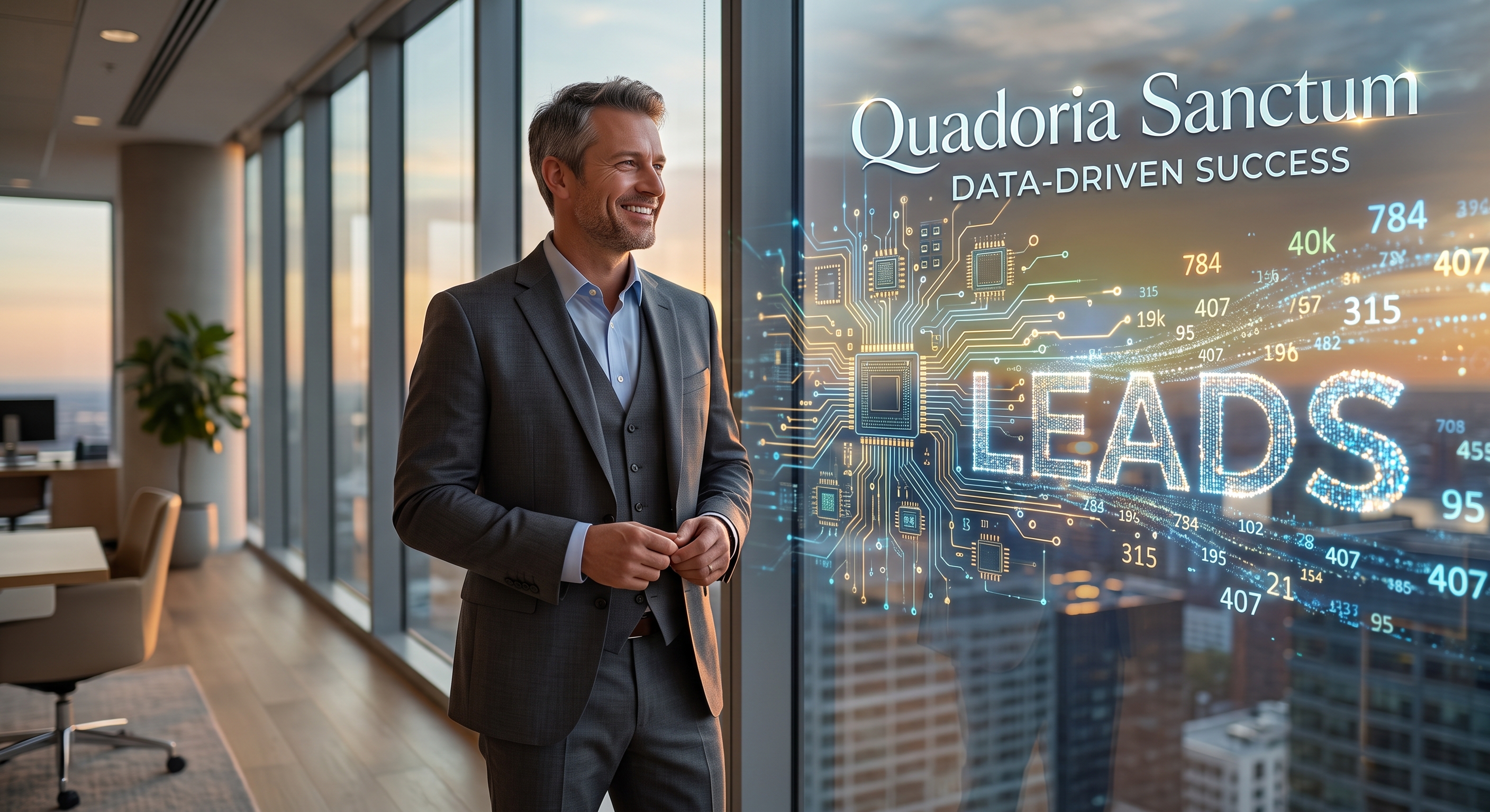 Quadoria Sanctum glass-wall graphic about data-driven lead programs.